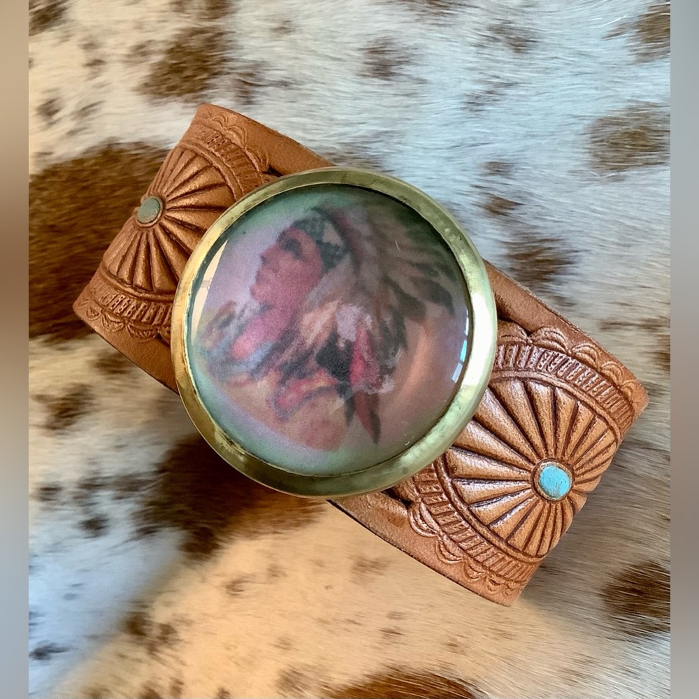 Tooled Leather Cuff  , Indian concho, adjustable